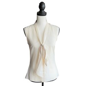 Cream Sheer Sleeveless Blouse with Tie